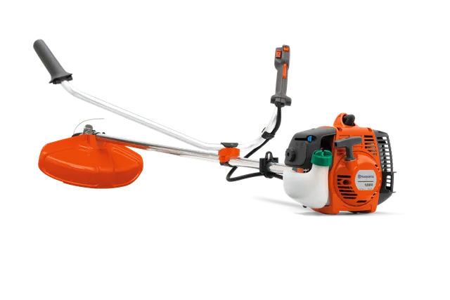 Вигляд збоку на кущоріз Husqvarna з ергономічною ручкою та різальним лезом.