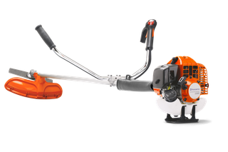 Vista lateral de una desbrozadora Husqvarna con mango ergonómico y protector