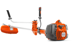 Vista lateral de uma roçadora Husqvarna com punhos ergonómicos e proteção adicional.