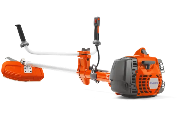 Side view of a Husqvarna brush cutter with ergonomic handles and protective guard.