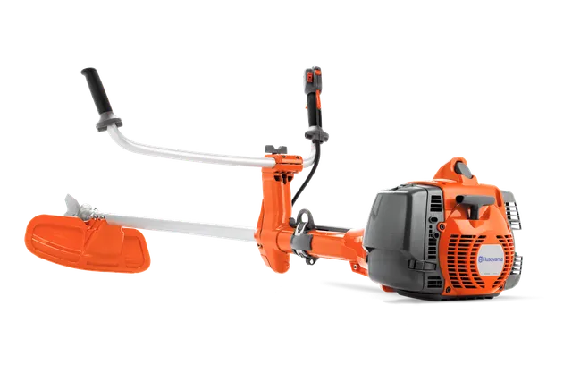 Вигляд збоку кущоріза Husqvarna з ергономічними ручками та захисним кожухом.