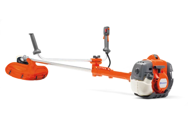 Вигляд збоку кущоріза Husqvarna з ергономічними ручками та захисним кожухом.