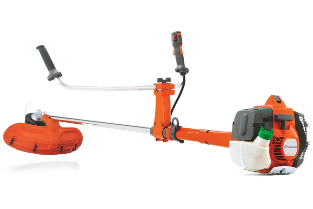 Side view of a Husqvarna brushcutter with ergonomic handles and a visible fuel tank.