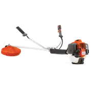Vue latérale d’une débroussailleuse Husqvarna avec poignée ergonomique et carter de protection.