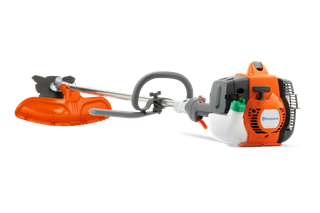 Zijaanzicht van een Husqvarna bosmaaier met ergonomisch handvat en beschermkap.