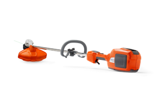 Side view of a Husqvarna battery-powered grass trimmer with ergonomic handle.