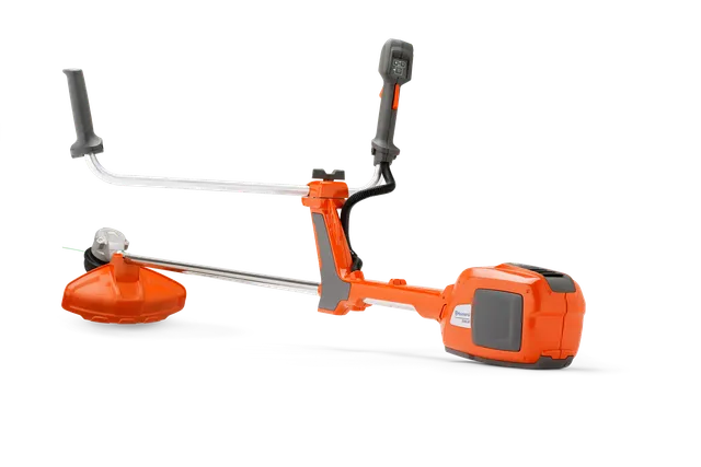 Side view of a Husqvarna brush cutter with ergonomic handles and cutting head.