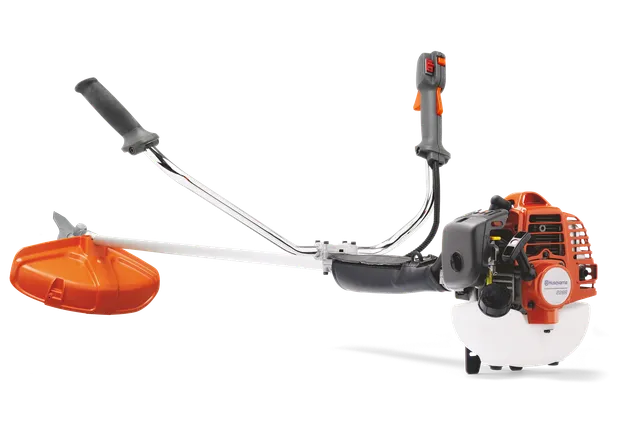 Vista lateral de una desbrozadora Husqvarna con mango y disco de corte ergonómicos.