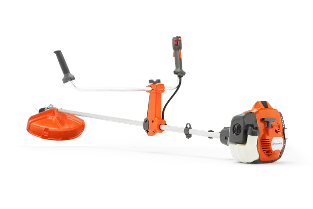 Vedere laterală a unei motocoasele Husqvarna, prezentându-i mânerul și lama de tăiere.