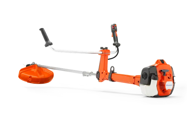 Sidovy av en Husqvarna buskröjare med ergonomiska handtag.