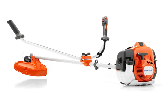 Side view of a Husqvarna brush cutter with ergonomic handles and visible engine.