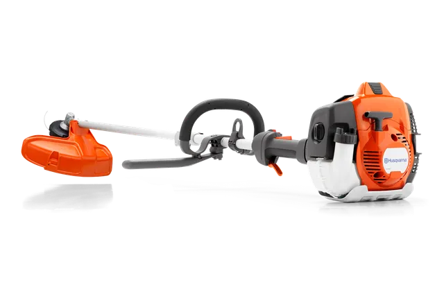 Side view of a Husqvarna brush cutter with ergonomic handle and engine.