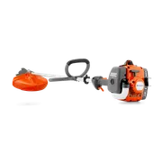 Side view of a Husqvarna brushcutter with ergonomic handle and control panel.