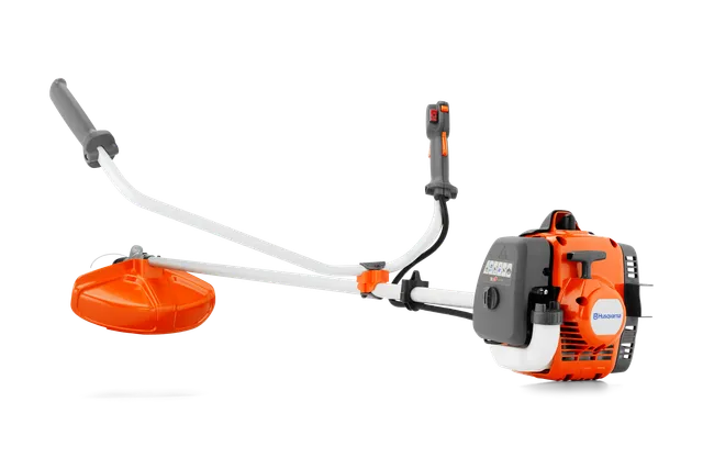 Side view of a Husqvarna brushcutter with ergonomic handle and control system.