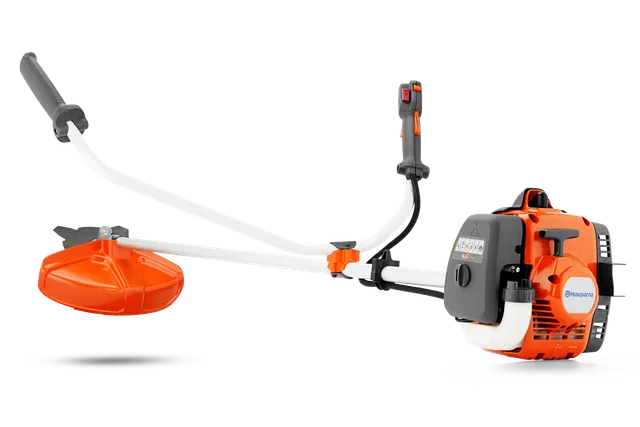 Side view of a Husqvarna brushcutter with ergonomic handles and visible engine.