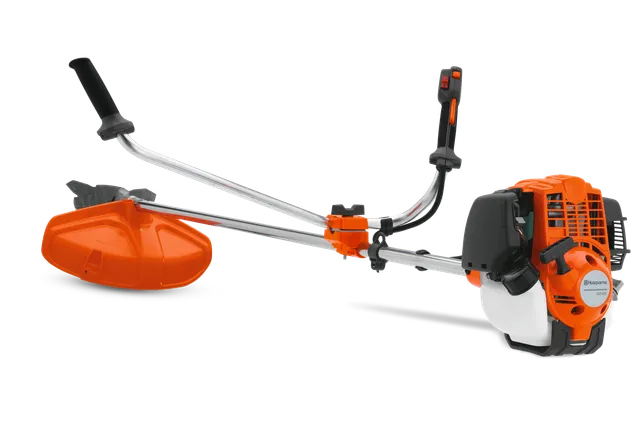 Zijaanzicht van een Husqvarna bosmaaier met ergonomisch handvat en motor.