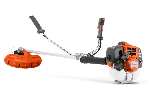 Side view of a Husqvarna brushcutter with ergonomic handle and engine.