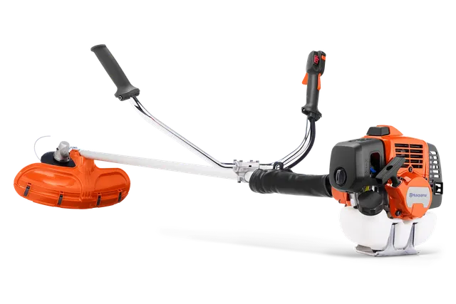 Вигляд збоку кущоріза Husqvarna з ергономічними ручками та захисним кожухом.
