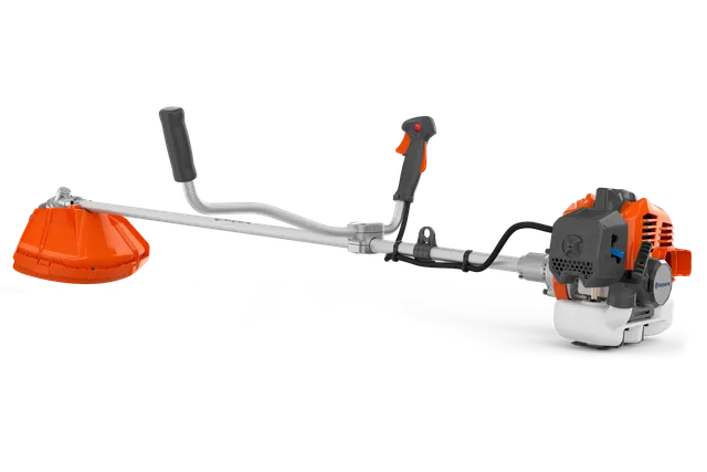 Side view of a Husqvarna brushcutter with ergonomic handle and protective guard.