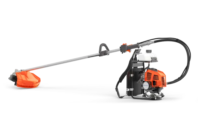 Side view of a backpack brush cutter with an extended handle and cutting blade.