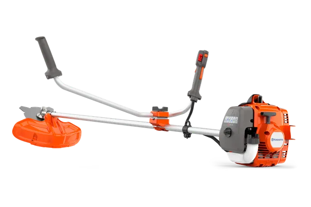 Seitenansicht einer Husqvarna Motorsense mit ergonomischem Griff und Klingenschutz.
