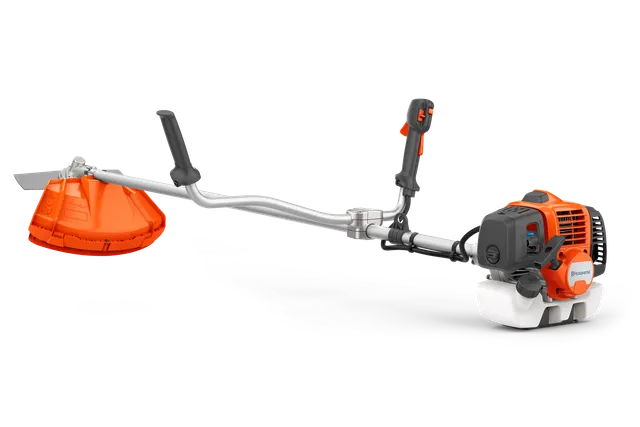 Side view of a Husqvarna brush cutter with ergonomic handle and protective shield.