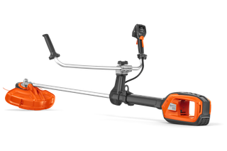 Side view of a Husqvarna brush cutter with ergonomic handle and battery compartment.