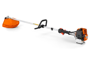 Side view of a grass trimmer with a long shaft and engine unit.