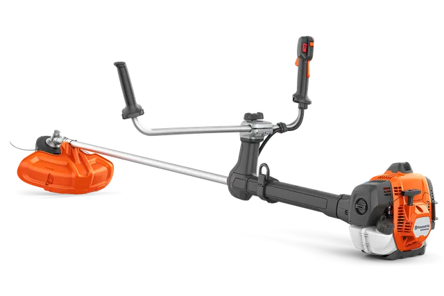 Side view of a Husqvarna brush cutter with ergonomic handles and a protective guard.