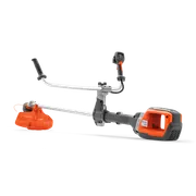 Zijaanzicht van een accu-grastrimmer met ergonomische handgreep en snijkop.