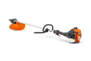 Seitenansicht eines Rasentrimmers mit sichtbarem Motor und Schneidkopf.