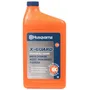Front view of a Husqvarna X-Guard bar and chain oil bottle, highlighting its all-season formula.