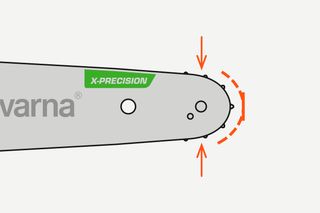 Ilustração de uma ponta da lâmina-guia da motosserra com as funcionalidades de segurança realçadas.