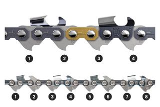 Close-up view of a Husqvarna chainsaw chain with numbered parts.