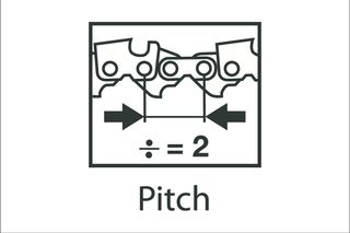 Illustration showing the concept of pitch in a chain with a division symbol and number 2.