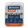 Packaging of an 18-inch Husqvarna X-Cut chainsaw chain, highlighting its sharpness and pre-stretched features.