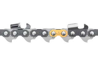 Close-up view of a chainsaw chain with detailed cutting teeth.