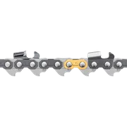 Close-up view of a chainsaw chain with detailed cutting teeth.
