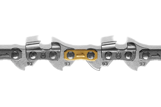 Chain X-CUT S93G Semi chisel 3/8” mini 1.3mm. Close-up view of a chainsaw chain with a distinct gold link among silver links.