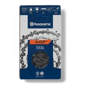 Emballage de la chaîne de tronçonneuse Husqvarna X-CUT S93G, présentant les spécifications.