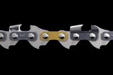 Close-up view of chainsaw chain showing detailed cutting teeth.