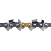 Vista de perto de uma corrente para motosserra com dentes de corte distintos e logótipo da Husqvarna.