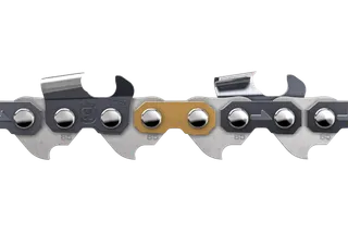 Close-up view of a chainsaw chain with detailed links and rivets.