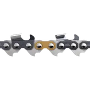 Close-up view of a chainsaw chain with detailed links and rivets.