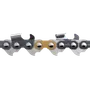 Close-up view of a chainsaw chain with detailed links and rivets.