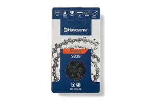 Front view of Husqvarna X-CUT S83G chainsaw chain packaging, showing specifications.