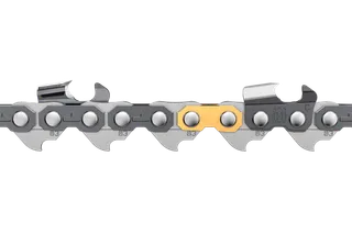 Close-up view of a chainsaw chain with detailed cutting links.