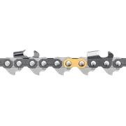 Close-up view of a chainsaw chain with detailed cutting links.