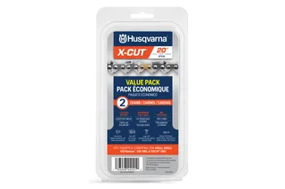 Front view of Husqvarna X-CUT chainsaw chain value pack, featuring two chains for 20-inch bars.