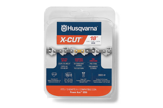 Husqvarna X-CUT® S93G, 3/8" mini pitch, .050 gauge. Front view of Husqvarna X-CUT 18" chainsaw chain packaging.